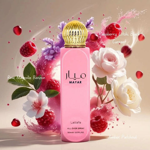 Lattafa Mayar & Mayar Natural Intense All Over Spray bundle featuring three 150ml bottles with elegant packaging.