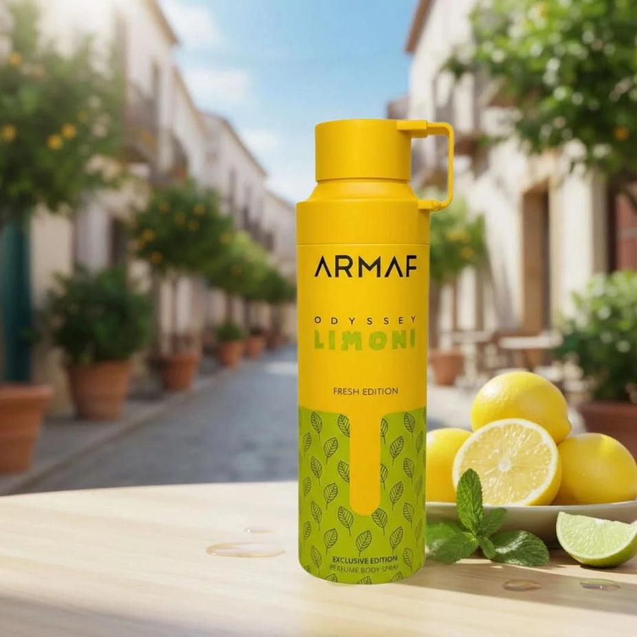 Odyssey Limoni Fresh deodorant spray by Armaf, 200ml, featuring a sleek bottle with lemon and citrus scent accents.
