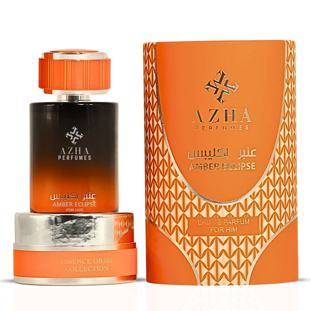 Amber Eclipse For Him Eau de Parfum spray by AZHA, 100ml bottle with sleek design and amber-colored liquid.
