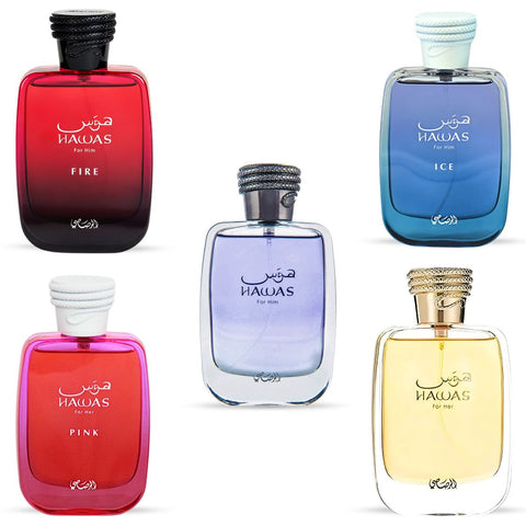 Hawas Men, Hawas Ice, Hawas Fire, Hawas Her & Hawas Pink Eau de Parfum Sprays 100ml by Rasasi | The Ultimate Hawas Collection (Bundle) - Intense Oud