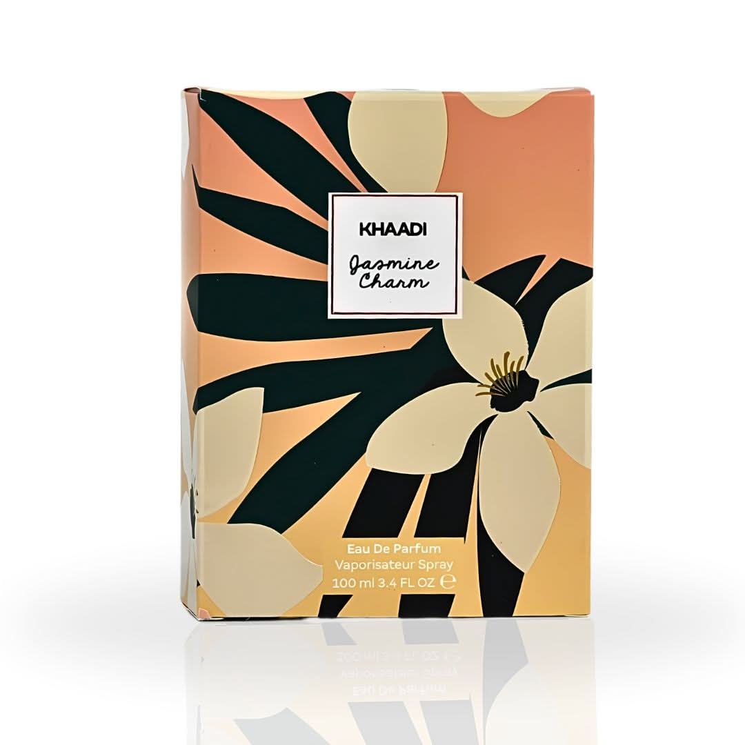 Khaadi Jasmine Charm Eau de Parfum spray bottle, 100ml, featuring floral jasmine scent and elegant packaging.