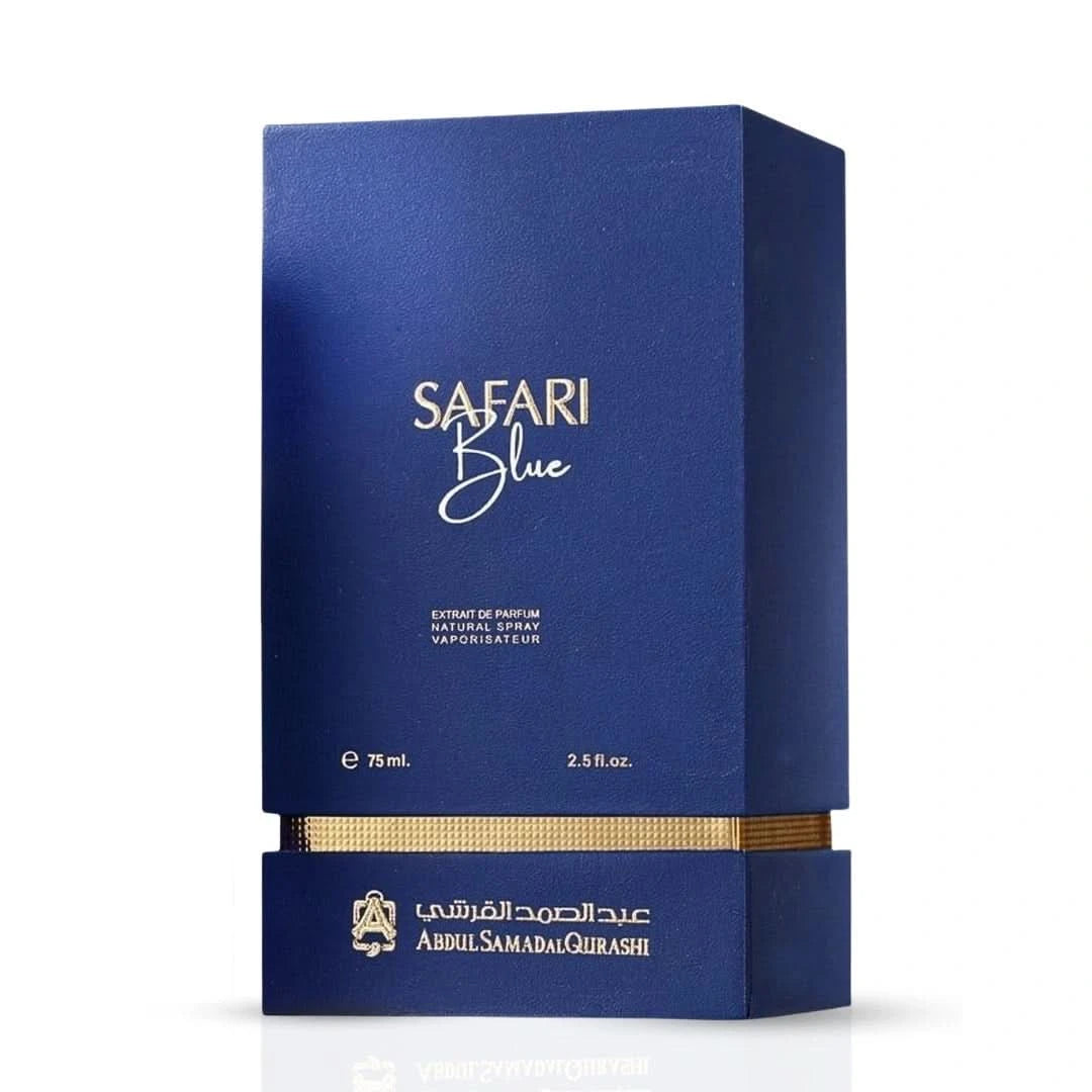 Safari Blue Extrait de Parfum Spray by Abdul Samad Al Qurashi, 75ml EDP bottle with elegant blue and gold design.