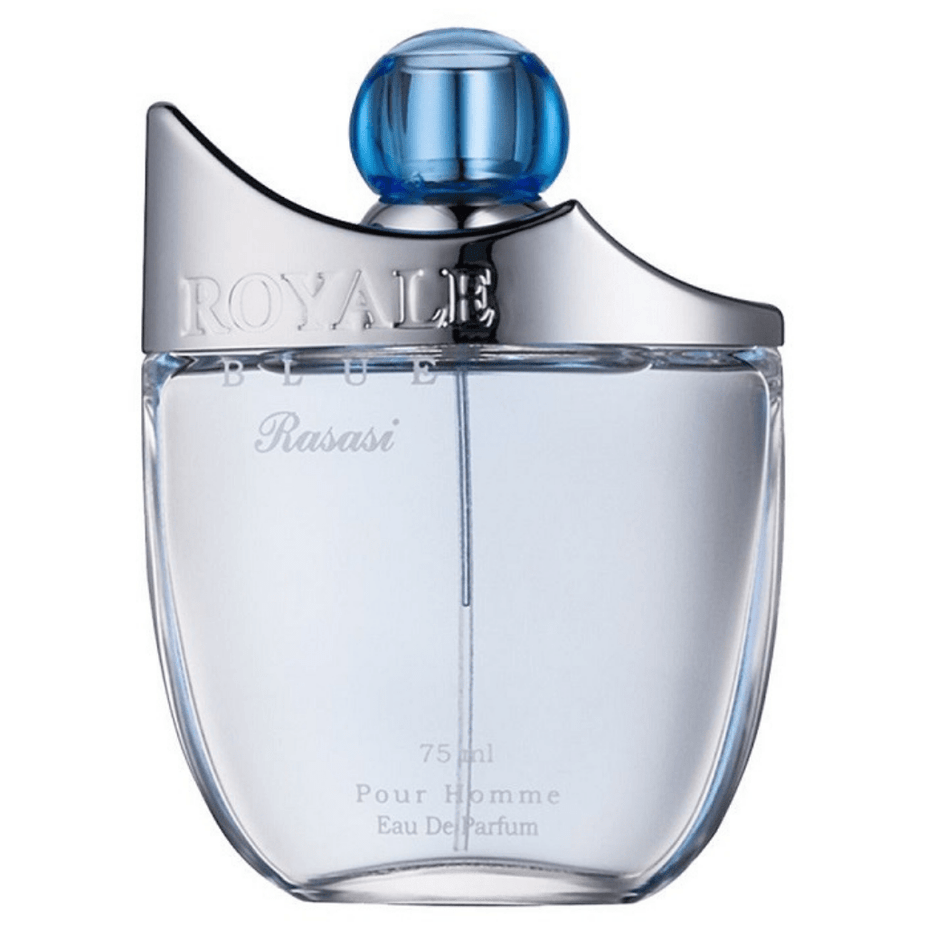 Rasasi Royale Blue for Men Eau De Parfum 75ml bottle, sleek design with blue accents, showcasing the men's fragrance.