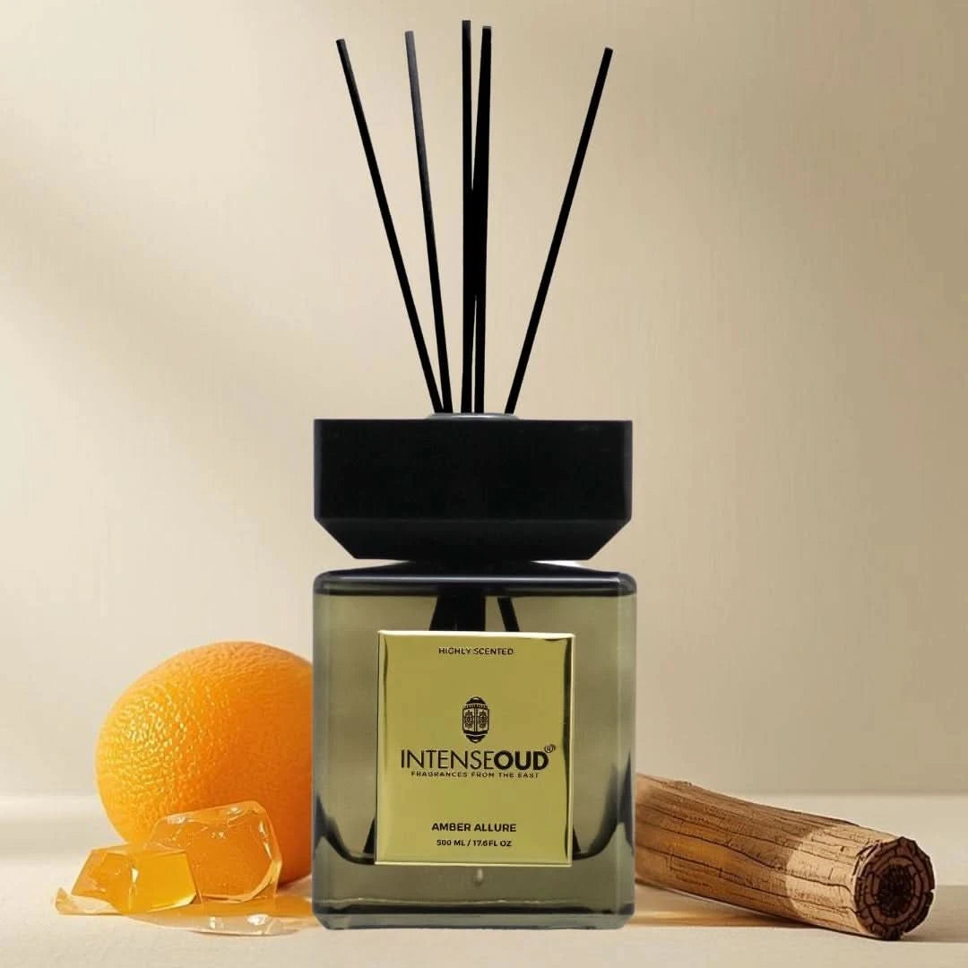 Intense Oud Amber Allure Reed Diffuser 500ml with natural reed sticks in a glass holder, long-lasting fragrance up to 90 days