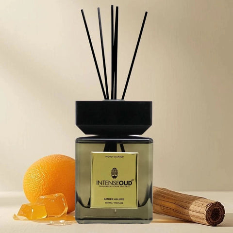 Intense Oud Amber Allure Reed Diffuser 500ml with natural reed sticks in a glass holder, long-lasting fragrance up to 90 days
