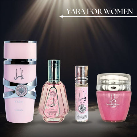 YARA Eau De Parfum Spray 100ML,EDP 50ML, Hand & Body Lotion 45ML & Roll-on Perfume Oil 10ML  - For Women by Lattafa. (CHIC COLLECTION) - Intense Oud
