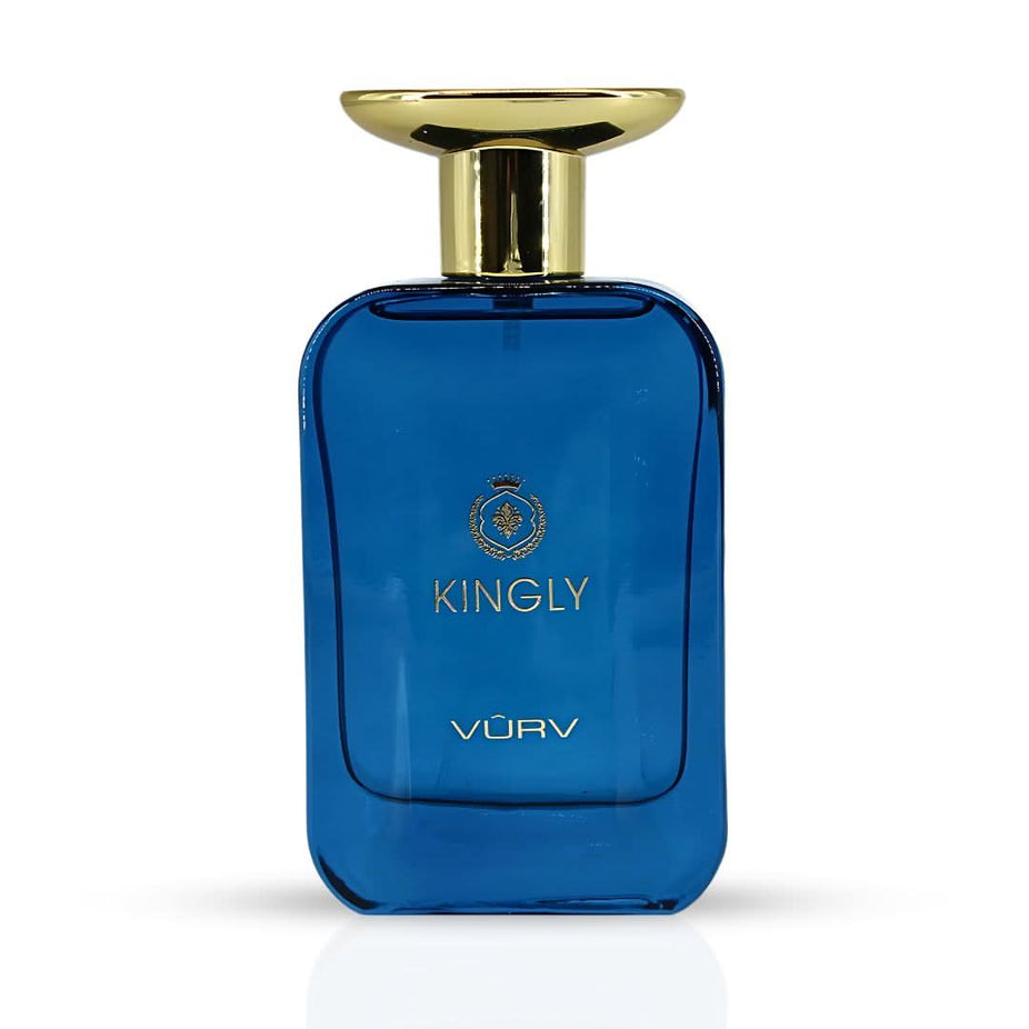 Vurv Kingly Eau de Parfum Spray for Men, 100ml, featuring a sleek bottle with a modern design and black cap.