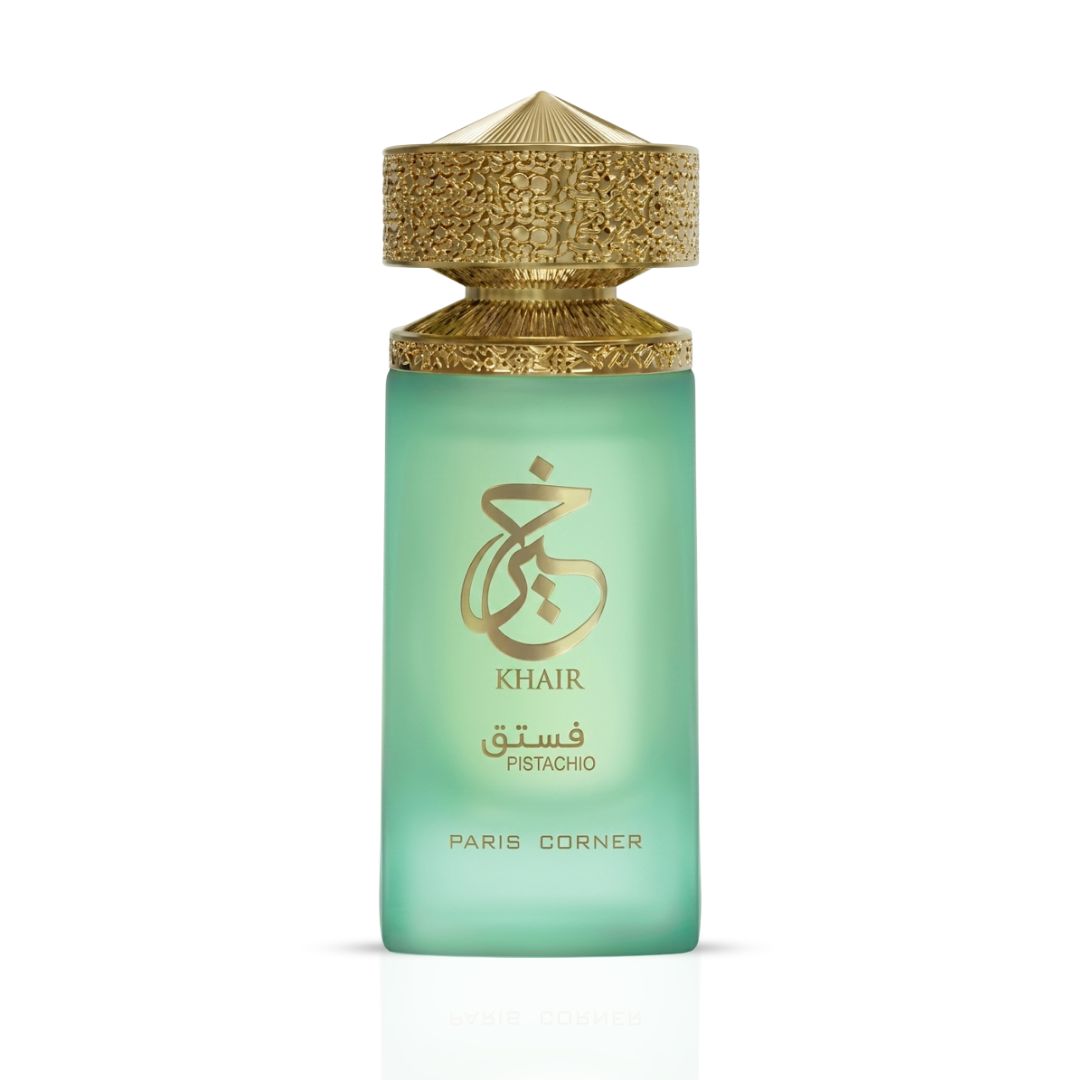 Paris Corner Khair Pistachio Eau de Parfum spray 100ml bottle with pistachio fragrance and elegant packaging.