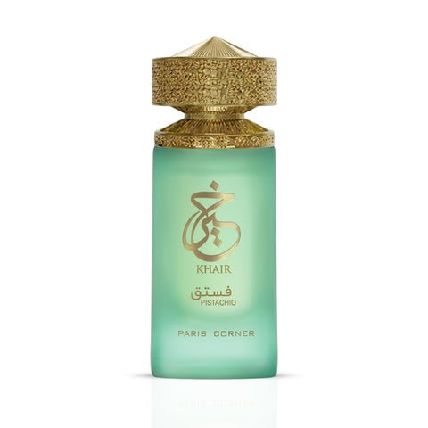 Paris Corner Khair Pistachio Eau de Parfum spray 100ml bottle with pistachio fragrance and elegant packaging.