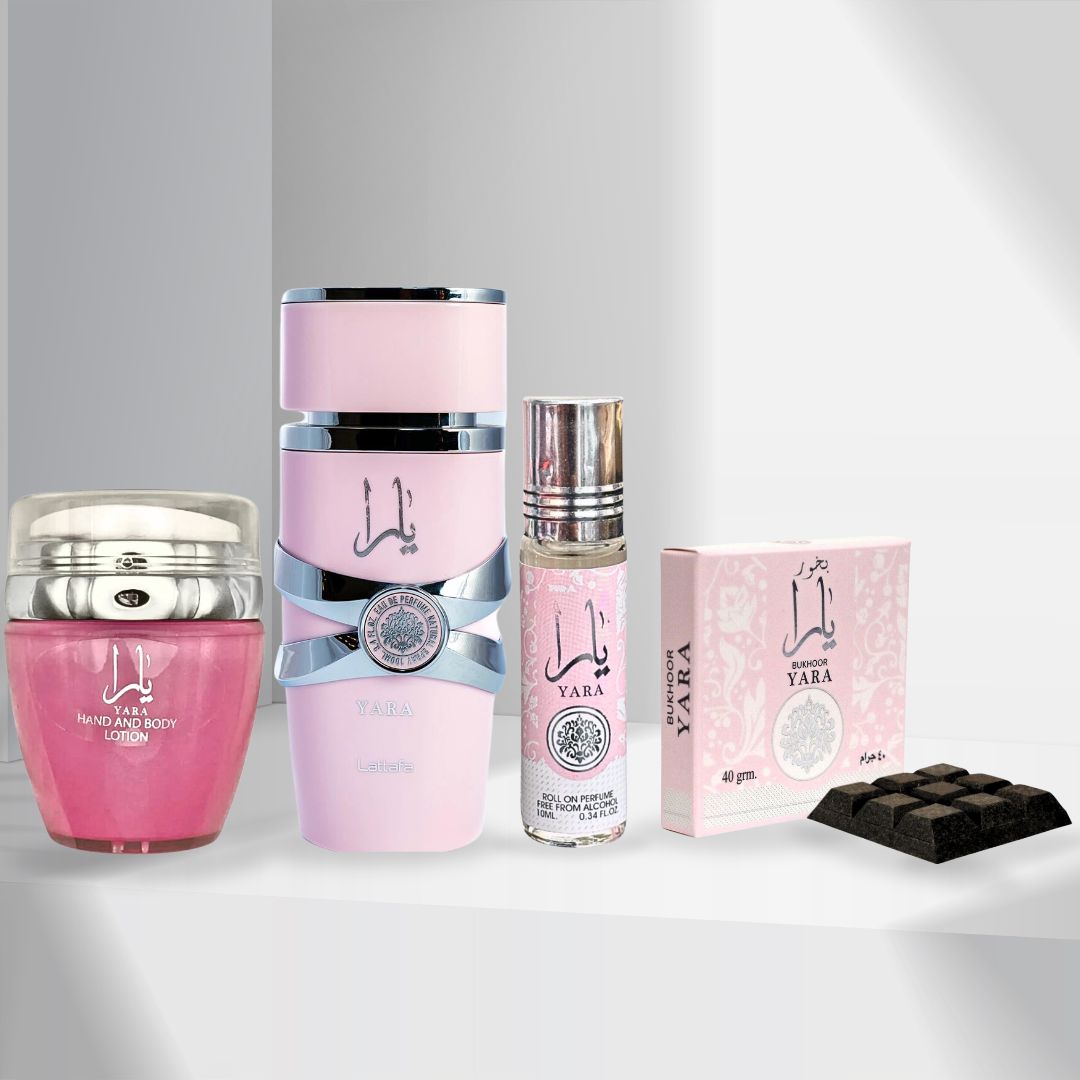 YARA Eau De Parfum Spray 100ML, Hand & Body Lotion 45ML, Roll-on Perfume Oil 10ML & Bakhoor 40gm - For Women by Lattafa. (YARA COLLECTION) - Intense Oud