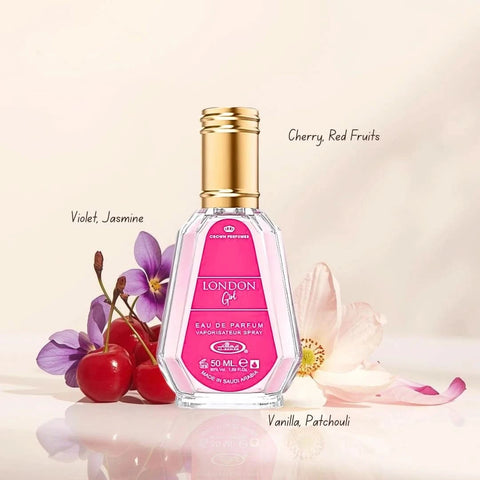 Al Rehab London Girl Eau de Parfum spray 50ml in a velvet pouch, featuring a stylish bottle with floral and fruity fragrance notes.