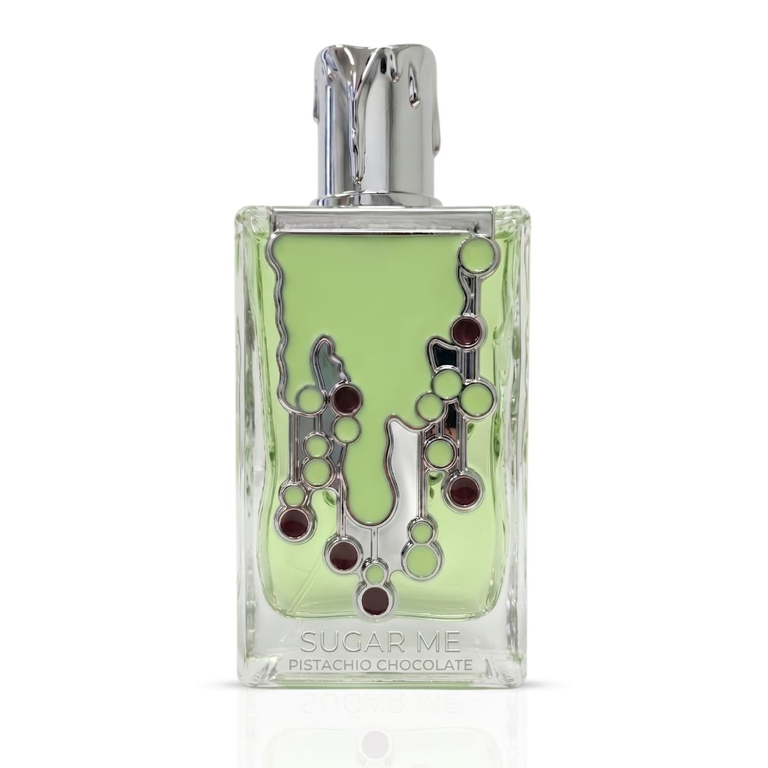 Maison Alhambra Sugar Me Pistachio Chocolate Eau de Parfum spray bottle, 100ml, with elegant packaging and branding detail.