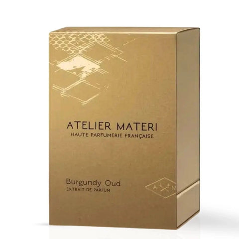 Burgundy Oud Extrait de Parfum Spray by Atelier Materi, 50ml (1.7 oz), elegant glass bottle with a black cap and burgundy accents.