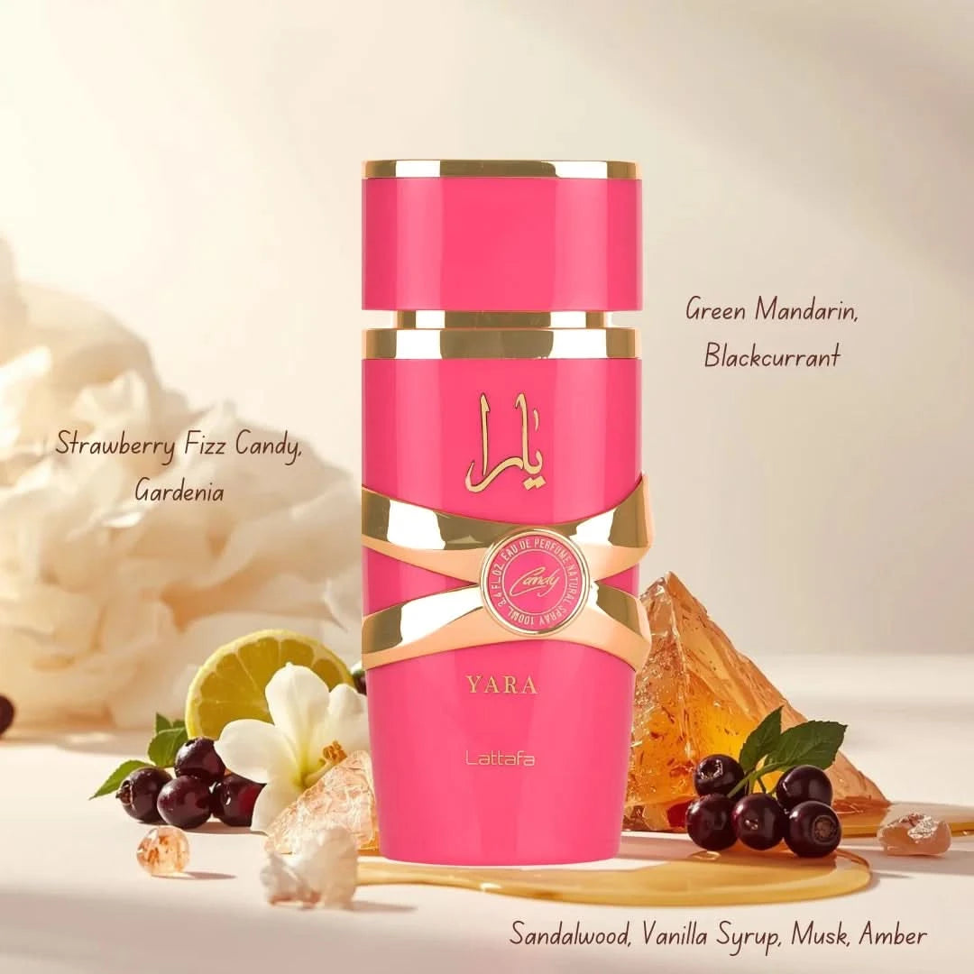 Bundle of Yara Candy and Pink Blush Shams Al Emarat Eau de Parfum sprays by Intense Oud, featuring floral and sweet fragrance bottles.