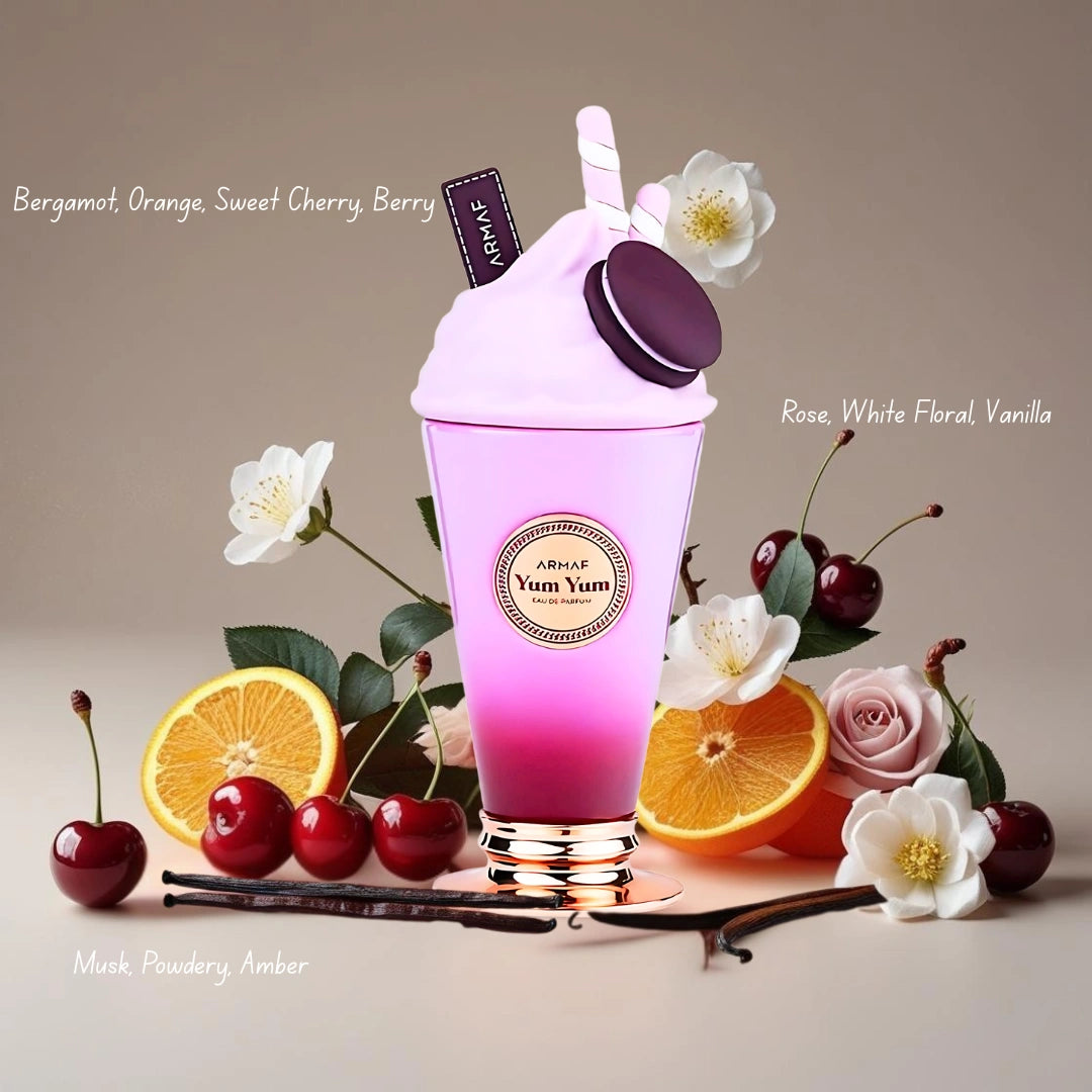 Armaf Island Bliss, Bon Bon, Yum Yum Eau de Parfum spray bundle, 100ml each, featuring colorful bottles and luxurious fragrance designs.