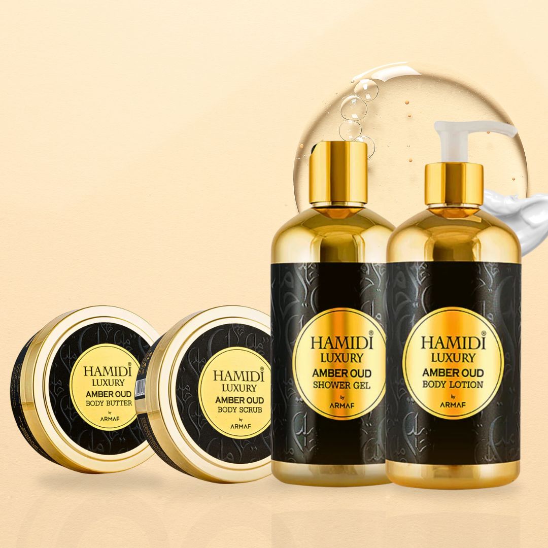 4PCS LUXURY AMBER OUD - Bath & Body Gift Set Magnetic Box By Hamidi | Ultra Moisturizing, Skin-Nourishing, Naturally Derived Ingredients. (Pack of 4) - Intense Oud