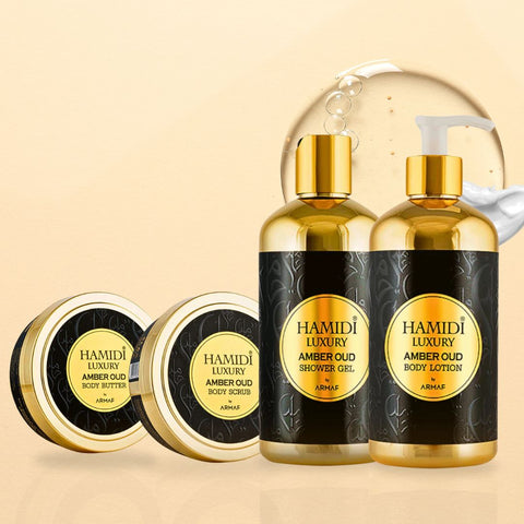 4PCS LUXURY AMBER OUD - Bath & Body Gift Set Magnetic Box By Hamidi | Ultra Moisturizing, Skin-Nourishing, Naturally Derived Ingredients. (Pack of 4) - Intense Oud