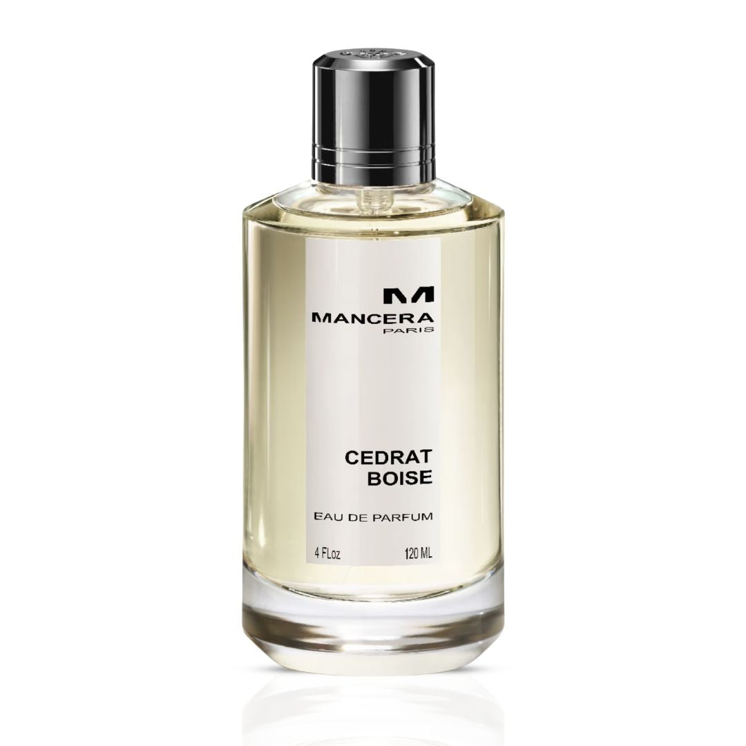 Mancera Cedrat Boise Eau de Parfum spray bottle, 120ml, with sleek design and label visible on the fragrance packaging.
