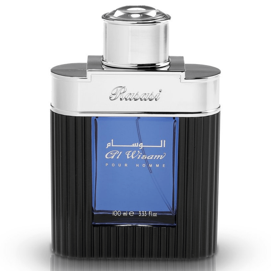 Rasasi Al Wisam Evening for Men Eau De Parfum 100 ML bottle with elegant packaging and dark fragrance liquid inside.