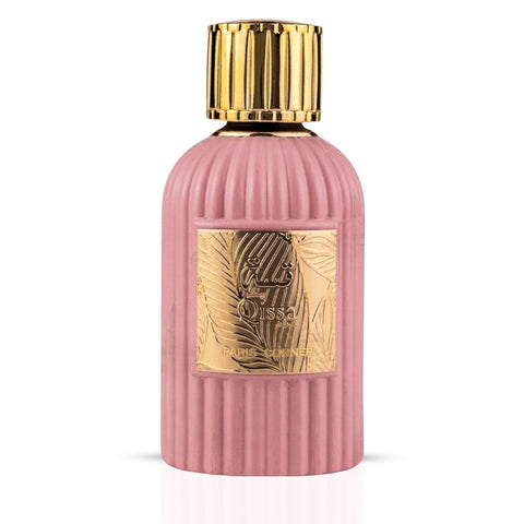 Qissa Pink Eau de Parfum spray by Paris Corner, 100ml bottle with pink floral design and elegant packaging.