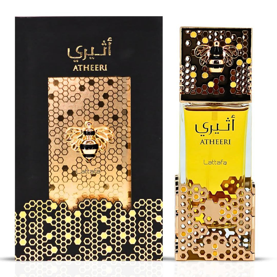 Lattafa Khamrah Dukhan and Atheeri Eau de Parfum spray bundle, 100ml each, featuring elegant bottles with traditional fragrance designs.