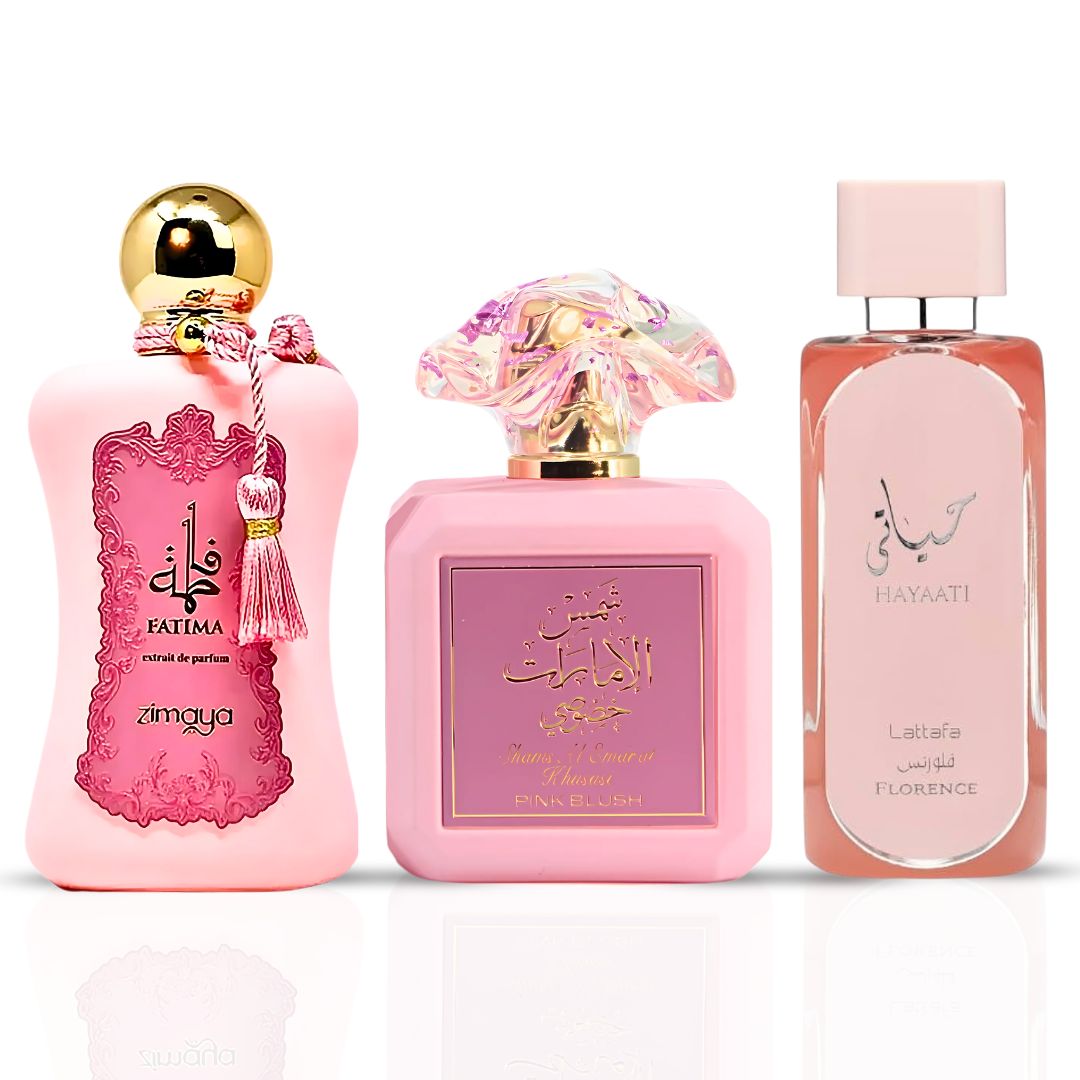 Pink Blush by Ard Al Zaafaran, Hayaati Florence by Lattafa, Fatima Pink by Zimaya - Eau De Parfums 100ML (3.4 OZ) | Timelessly Elegant and Effortlessly Feminine Perfumes. (Bundle) - Intense Oud