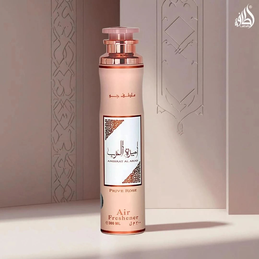 Lattafa Ameerat Al Arab Prive Rose air freshener bottle, 300ml, with elegant pink floral design and spray nozzle.