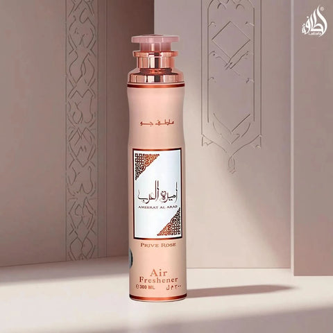 Lattafa Ameerat Al Arab Prive Rose air freshener bottle, 300ml, with elegant pink floral design and spray nozzle.