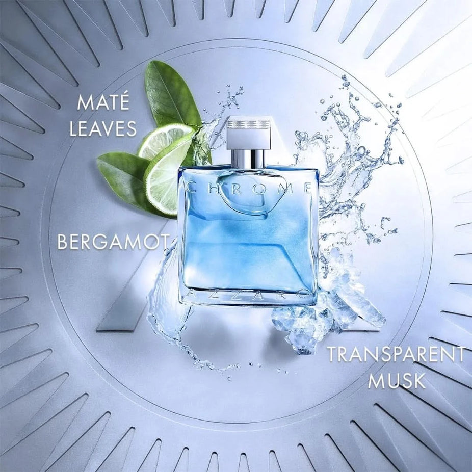 Azzaro Chrome Eau de Toilette spray bottle, 100ml, with sleek chrome packaging and transparent glass design.