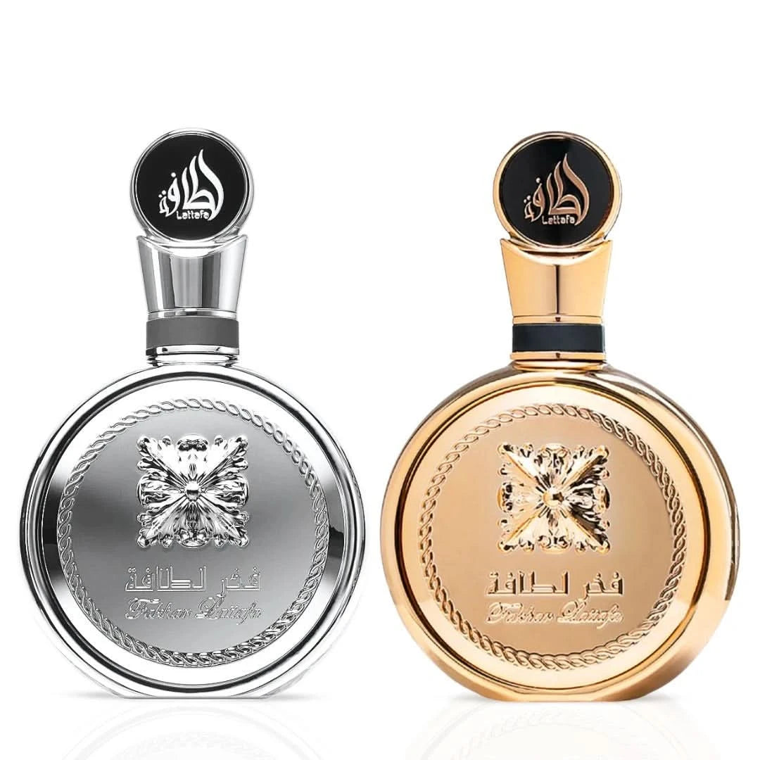 Lattafa Fakhar Platin and Fakhar Gold Extrait Eau de Parfum sprays in a bundle, featuring sleek 100ml bottles with elegant designs.