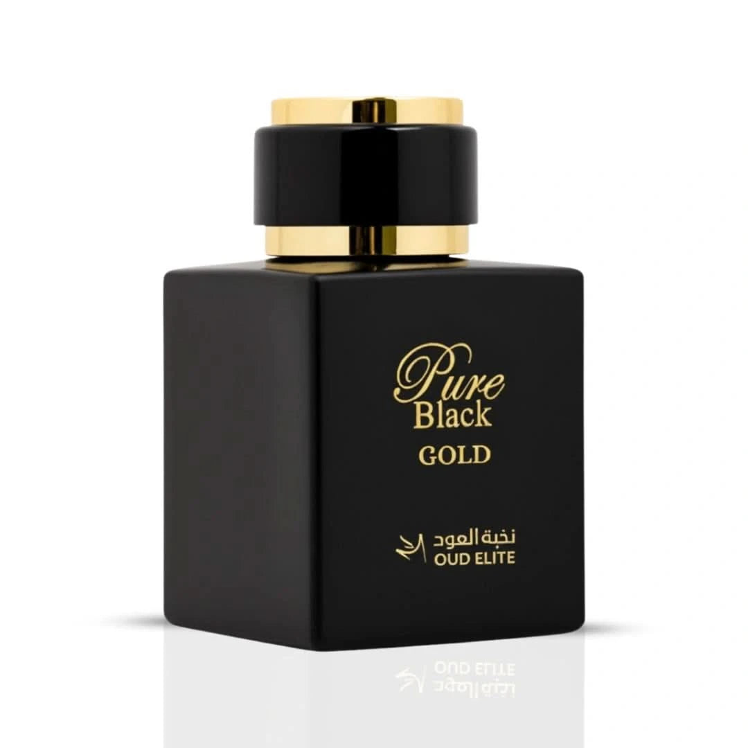 Pure Black Gold Eau de Parfum spray by Oud Elite, 100ml, featuring elegant black bottle with gold accents.