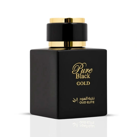 Pure Black Gold Eau de Parfum spray by Oud Elite, 100ml, featuring elegant black bottle with gold accents.