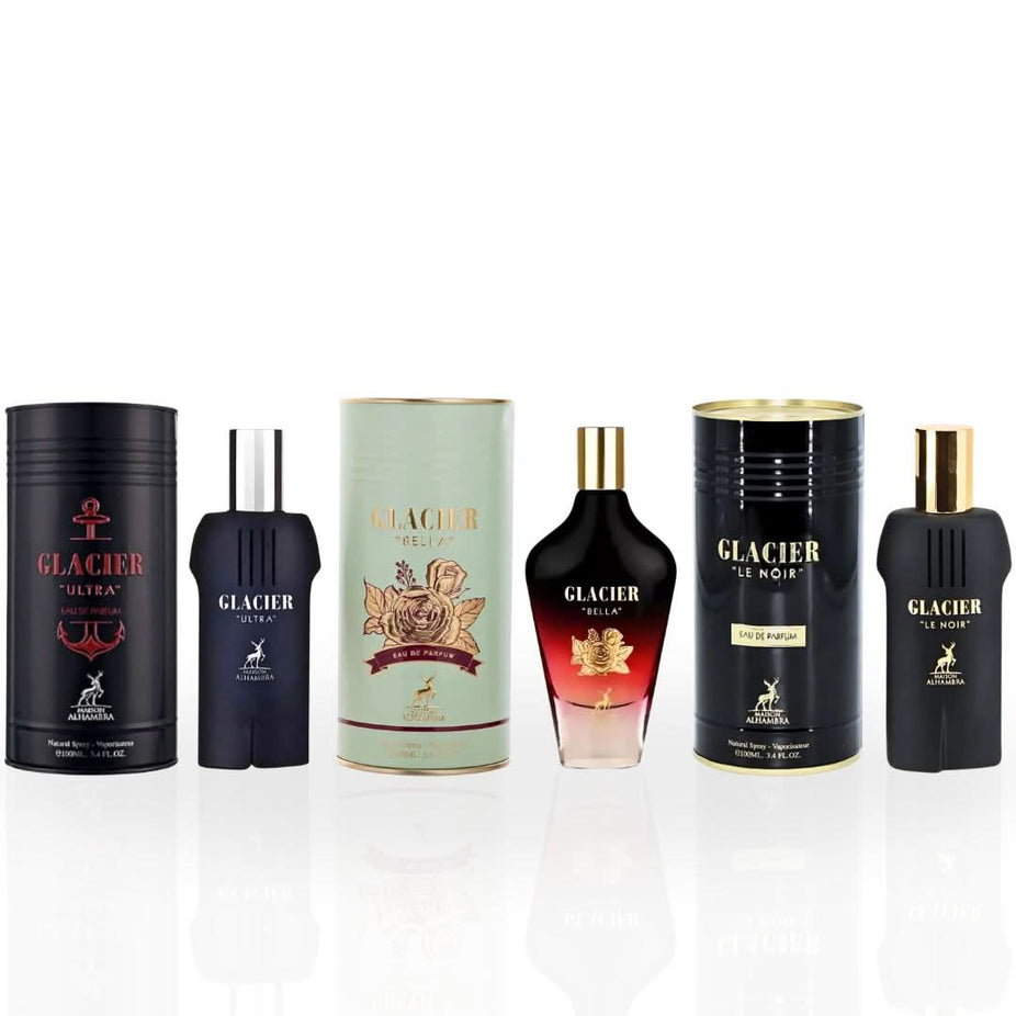 Maison Alhambra Glacier Le Noir, Ultra & Bella Eau de Parfum sprays in 100ml bottles from the Collection, with sleek packaging.