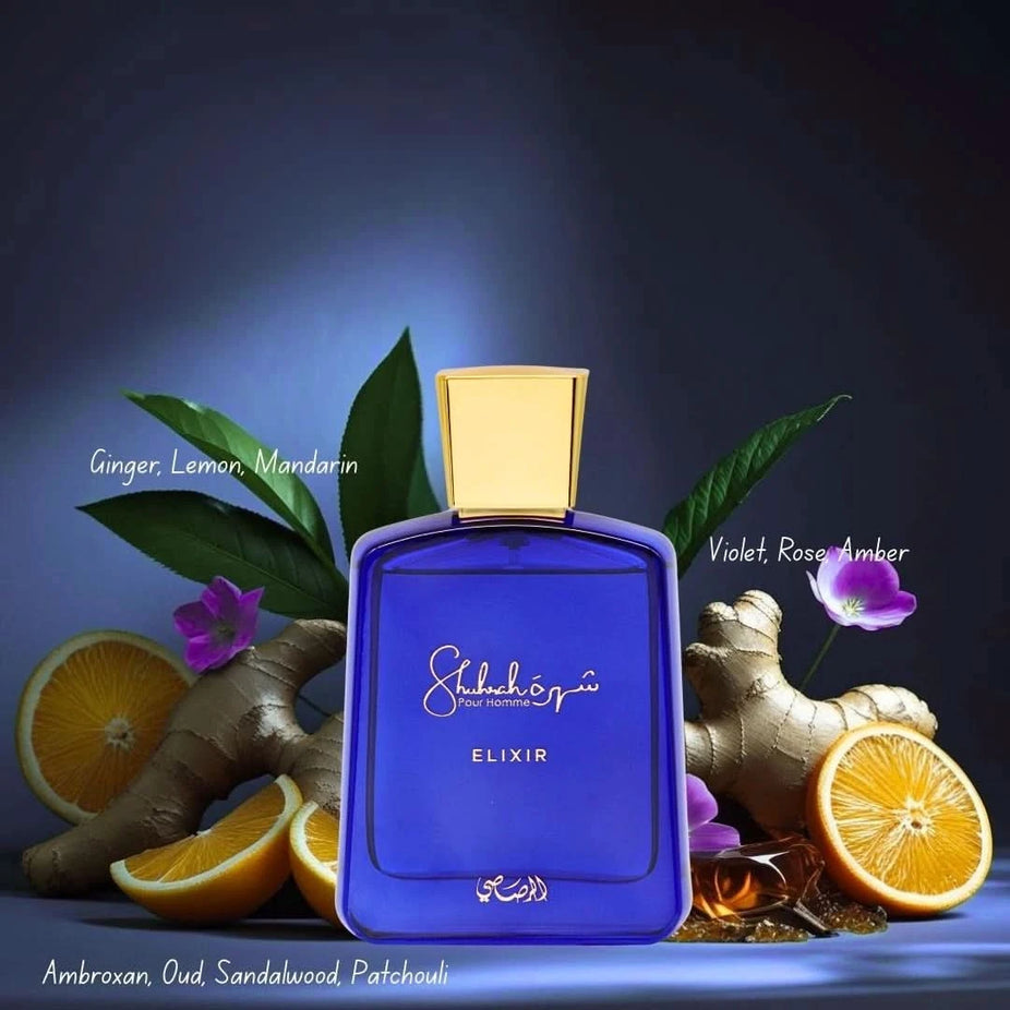 Rasasi Shuhrah Elixir Pour Homme Eau de Parfum spray bottle, 90ml, with elegant packaging and branding visible in the image.
