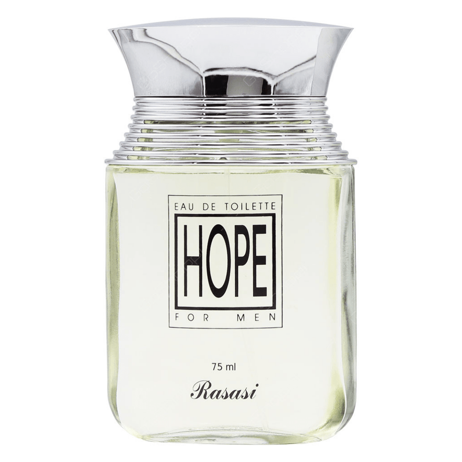 Hope for Men EDP by Rasasi, 75ml bottle of men's Eau De Parfum with sleek packaging and a dark, elegant fragrance theme.
