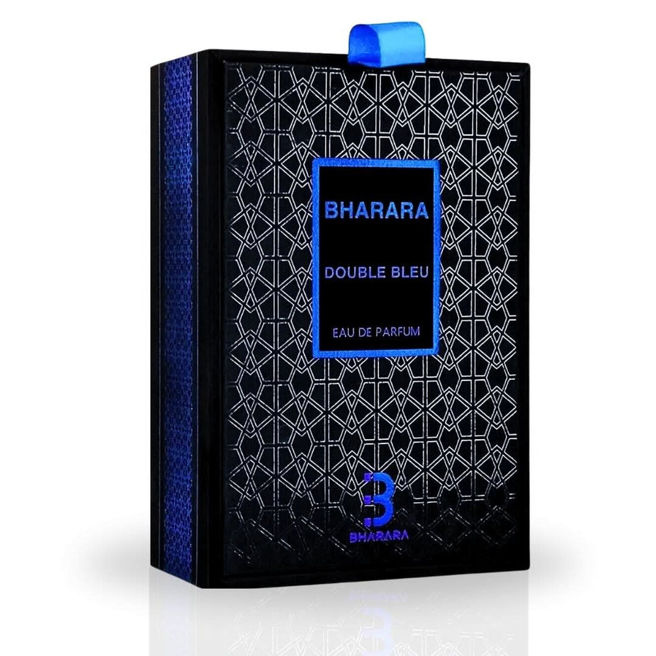 Bharara Double Bleu Eau de Parfum Spray 100ml bottle with sleek blue packaging and silver cap, showcasing elegant fragrance design.