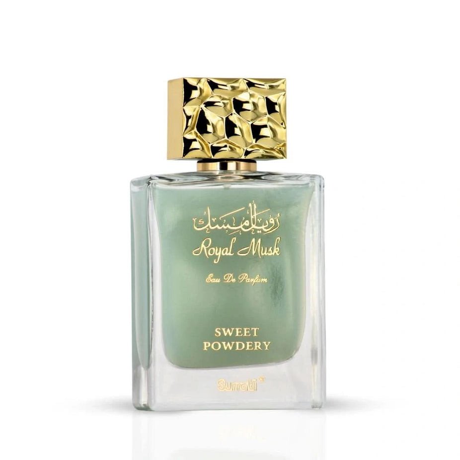 Surrati Royal Musk Sweet Powdery Eau de Parfum spray 100ml bottle with elegant packaging and floral accents.