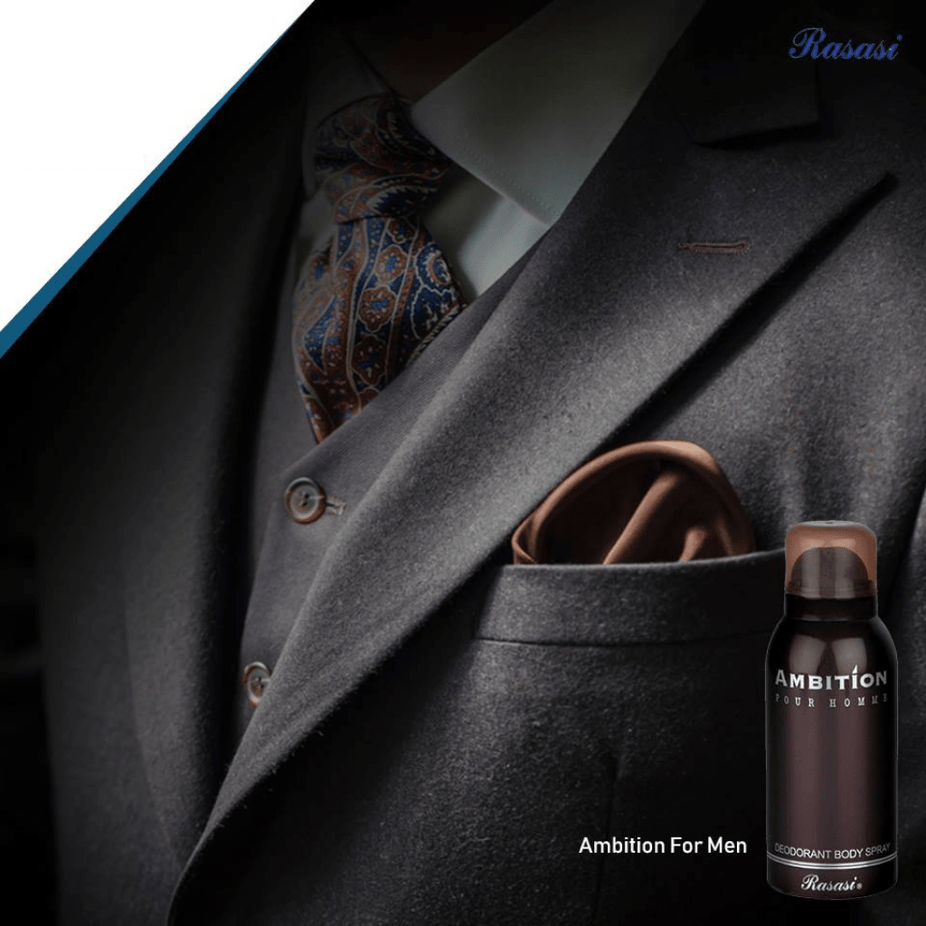 Rasasi Ambition for Men Eau De Parfum 70ml with 150ml deodorant, featuring sleek bottles and modern packaging.