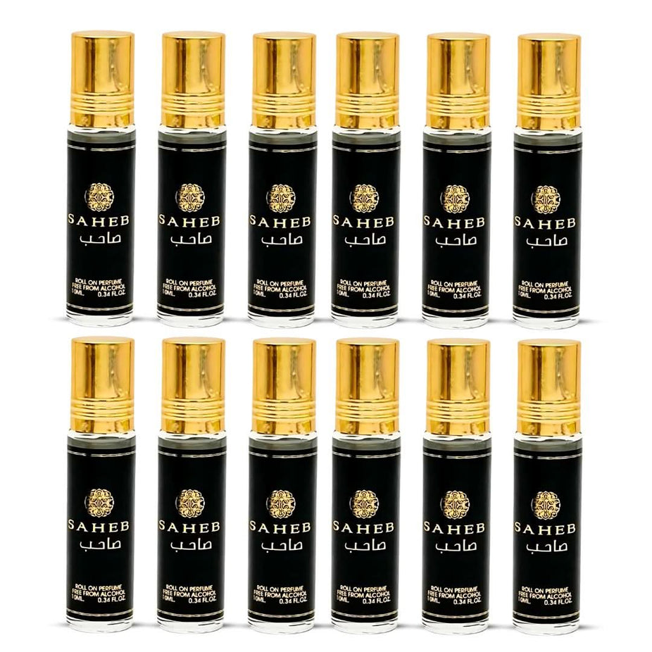 12-piece set of Ard Al Zaafaran Saheb Roll-On Perfume Oils in 10ML bottles, long-lasting concentrated perfume oil for men and women.