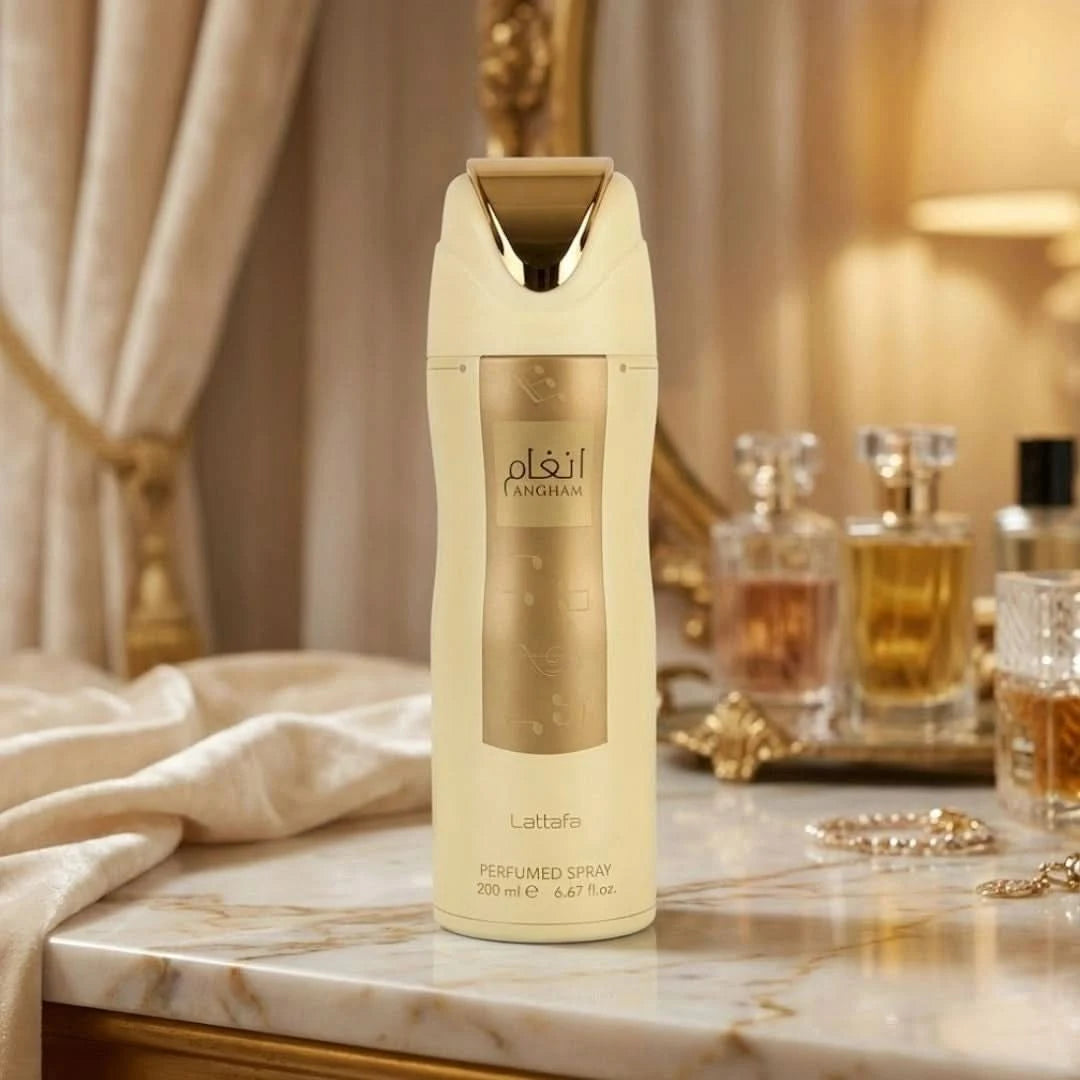 Lattafa Angham deodorant spray 200ml bottle with sleek design and spray nozzle, ready for everyday use.