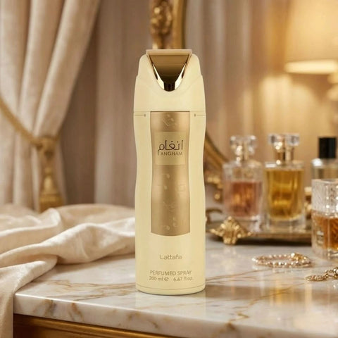 Lattafa Angham deodorant spray 200ml bottle with sleek design and spray nozzle, ready for everyday use.