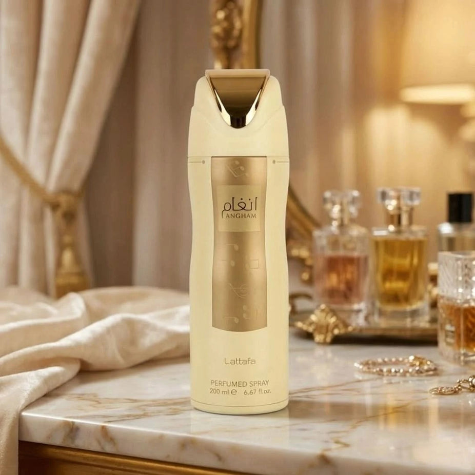 Lattafa Angham Deodorant Spray 200ml bottle, featuring sleek design and spray nozzle for freshening underarms.