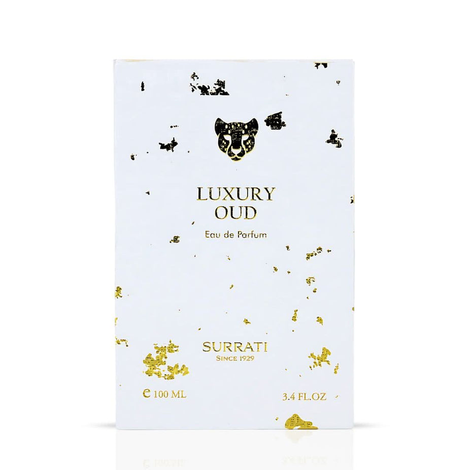 Luxury Oud Eau de Parfum Spray by Surrati, featuring a 100ml bottle with elegant design and rich oud fragrance.