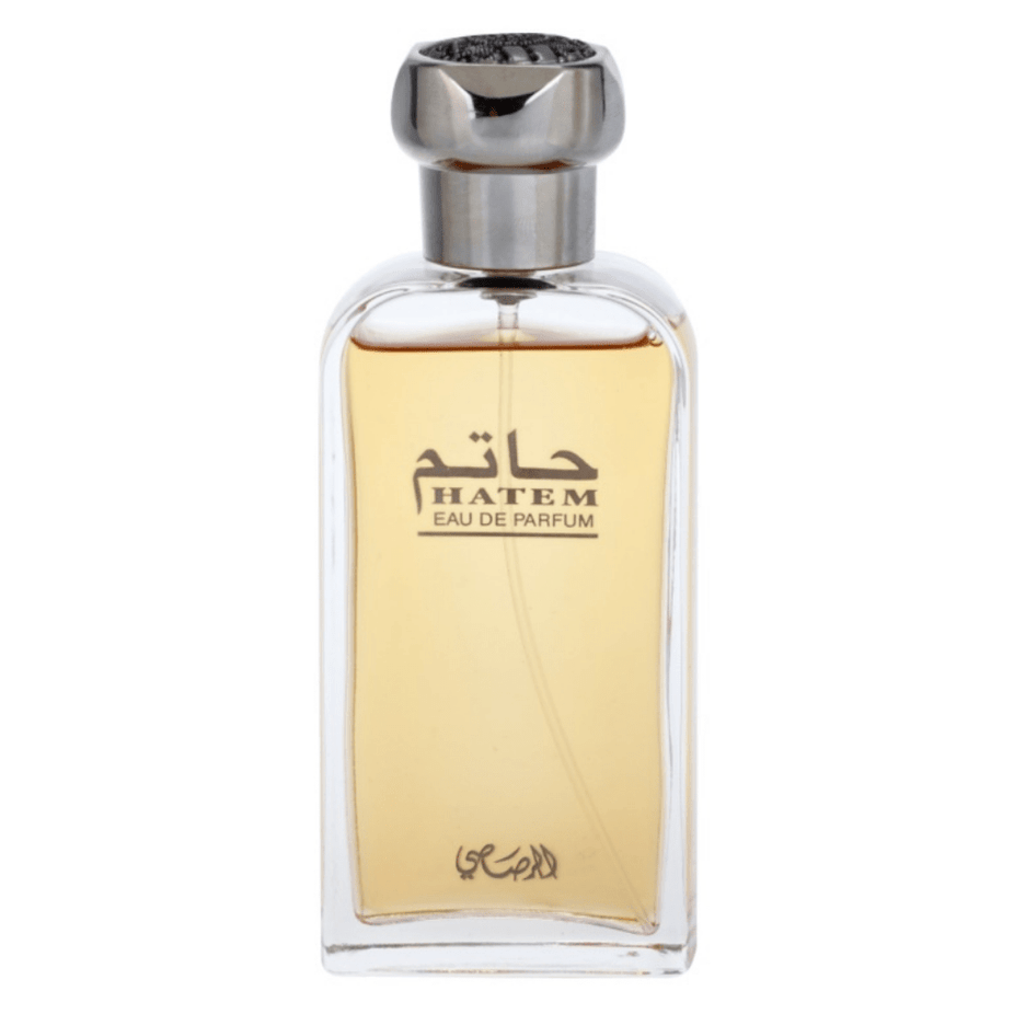 Rasasi Hatem Ruh Al Mughamarah Eau De Parfum for men, 75ml bottle, elegant fragrance container with intricate design.