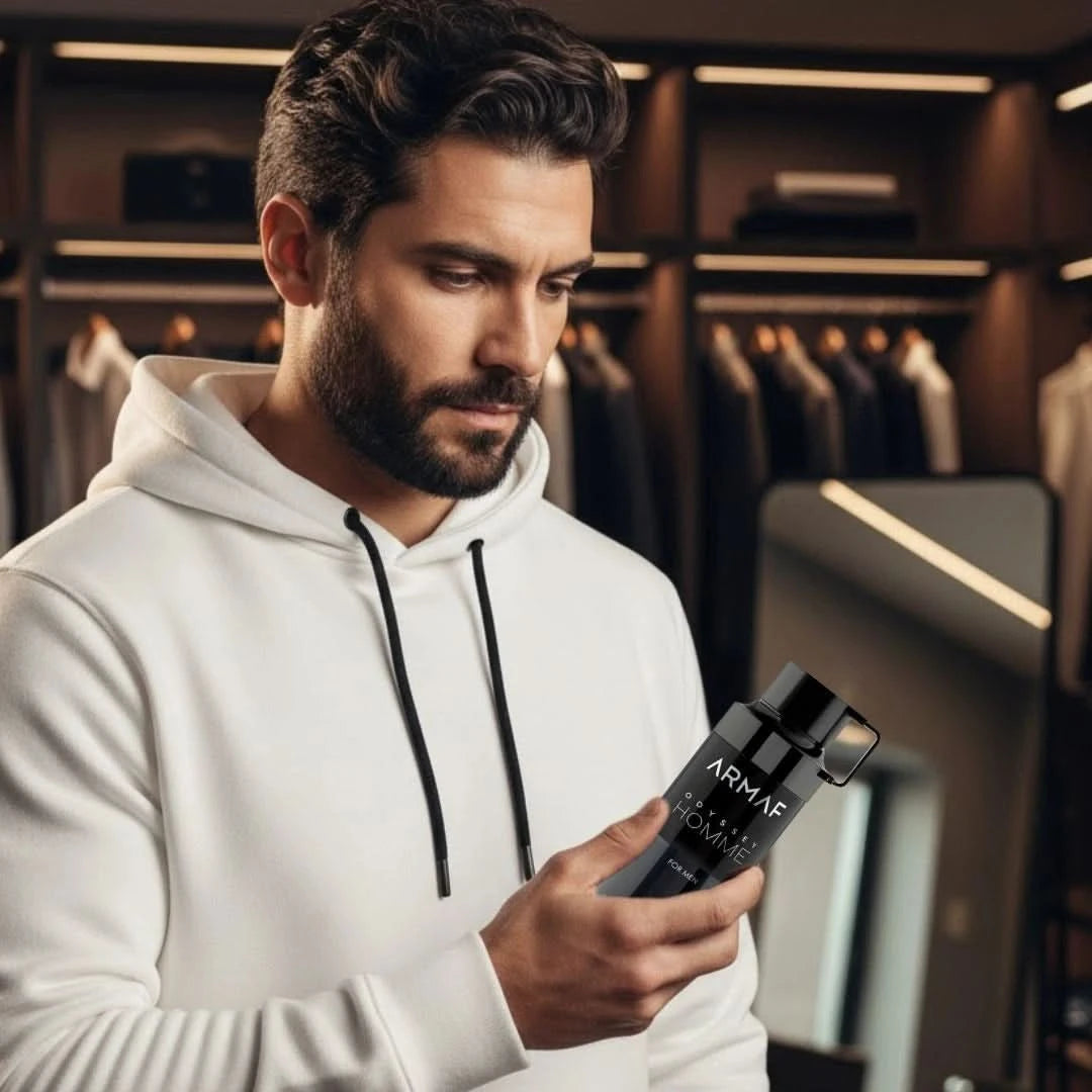 Odyssey Homme deodorant spray by Armaf in a 200ml bottle, featuring a sleek design and spray nozzle for easy application.
