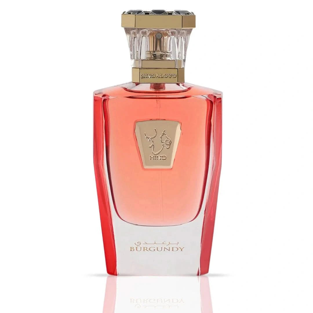 Burgundy Hind Al Oud Eau de Parfum spray bottle, 50ml, with elegant burgundy packaging and floral accents on the label.