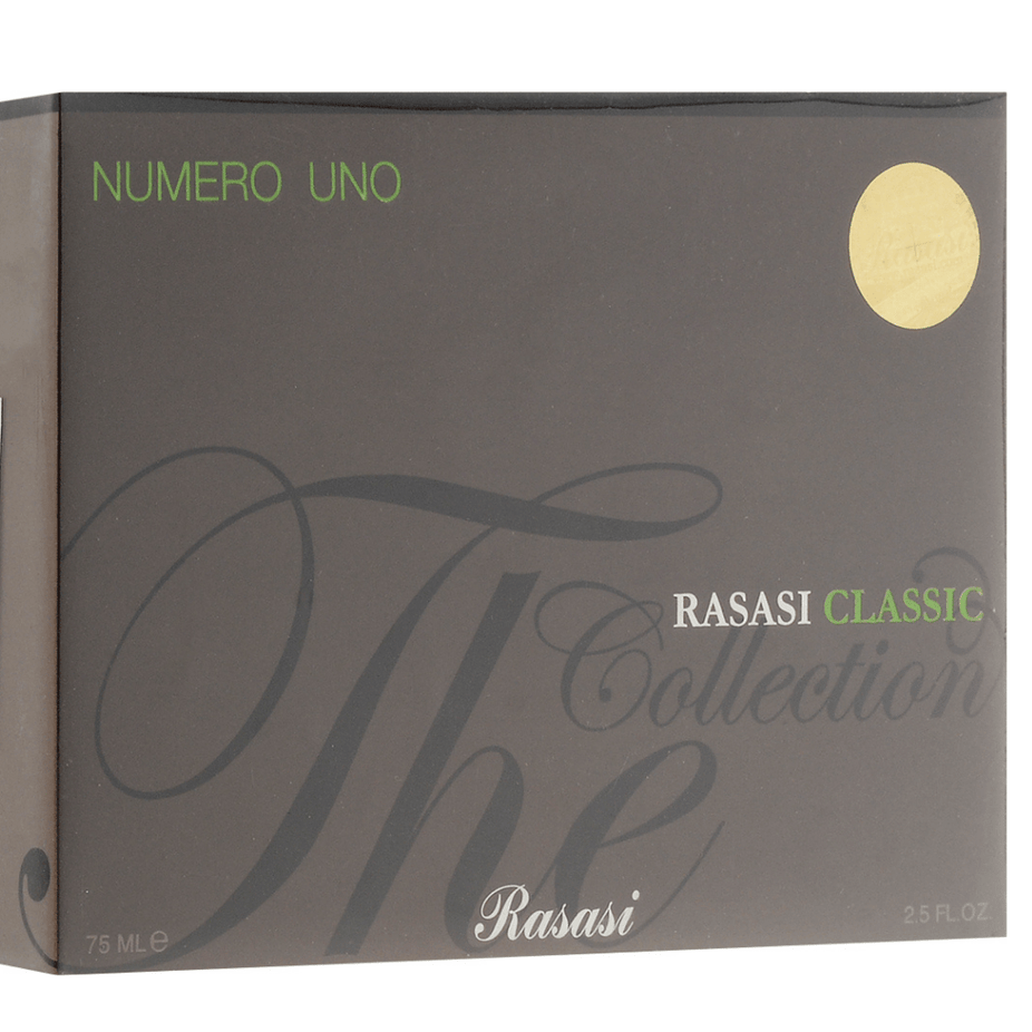 Rasasi Numero Uno for Men EDP bottle, 75ml, from the Rasasi Classic Collection, featuring sleek packaging and elegant design.