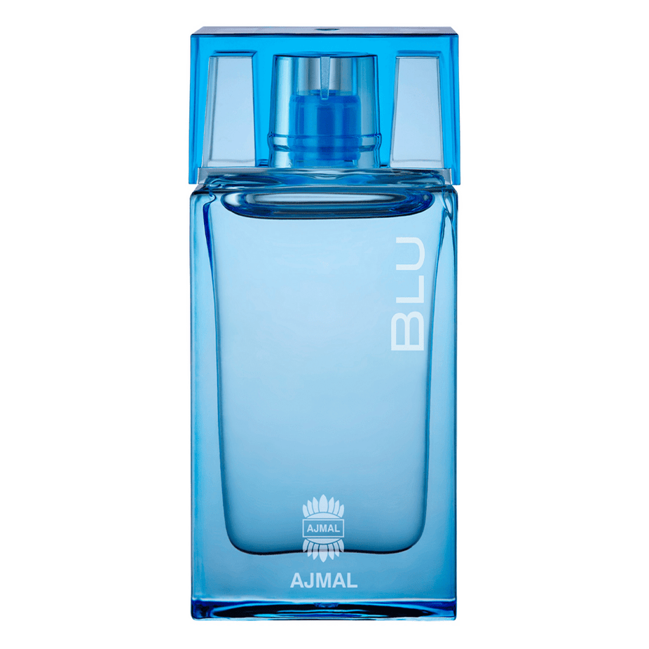 Ajmal Blu for Men perfume oil in a 10ml bottle, showcasing the sleek packaging of concentrated perfume oil.
