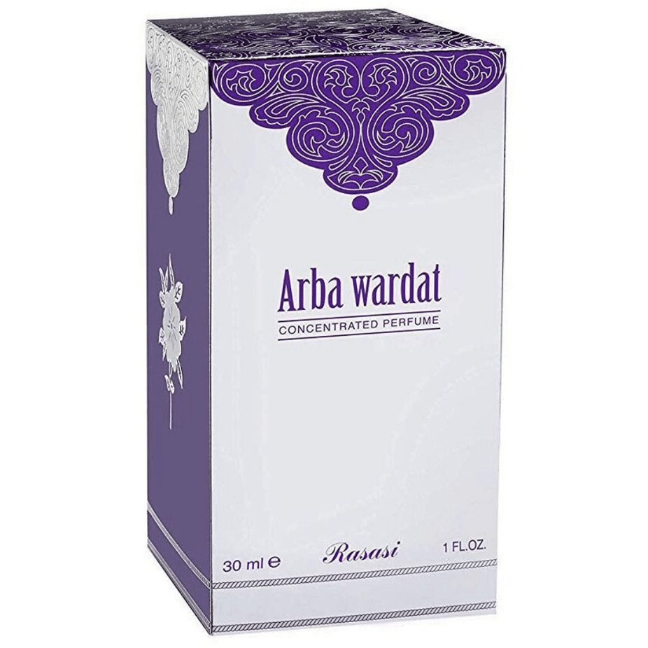 Rasasi Arba Wardat perfume oil 30ml bottle, concentrated perfume oil with elegant packaging and luxurious fragrance container