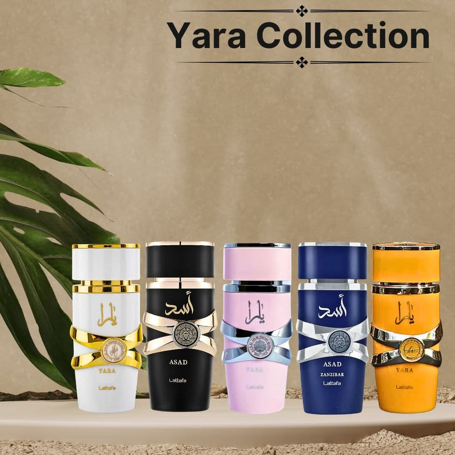 Lattafa Yara Moi, Yara Tous, Asad & Asad Zanzibar Eau De Parfum sprays, 100ml bottles with elegant packaging.